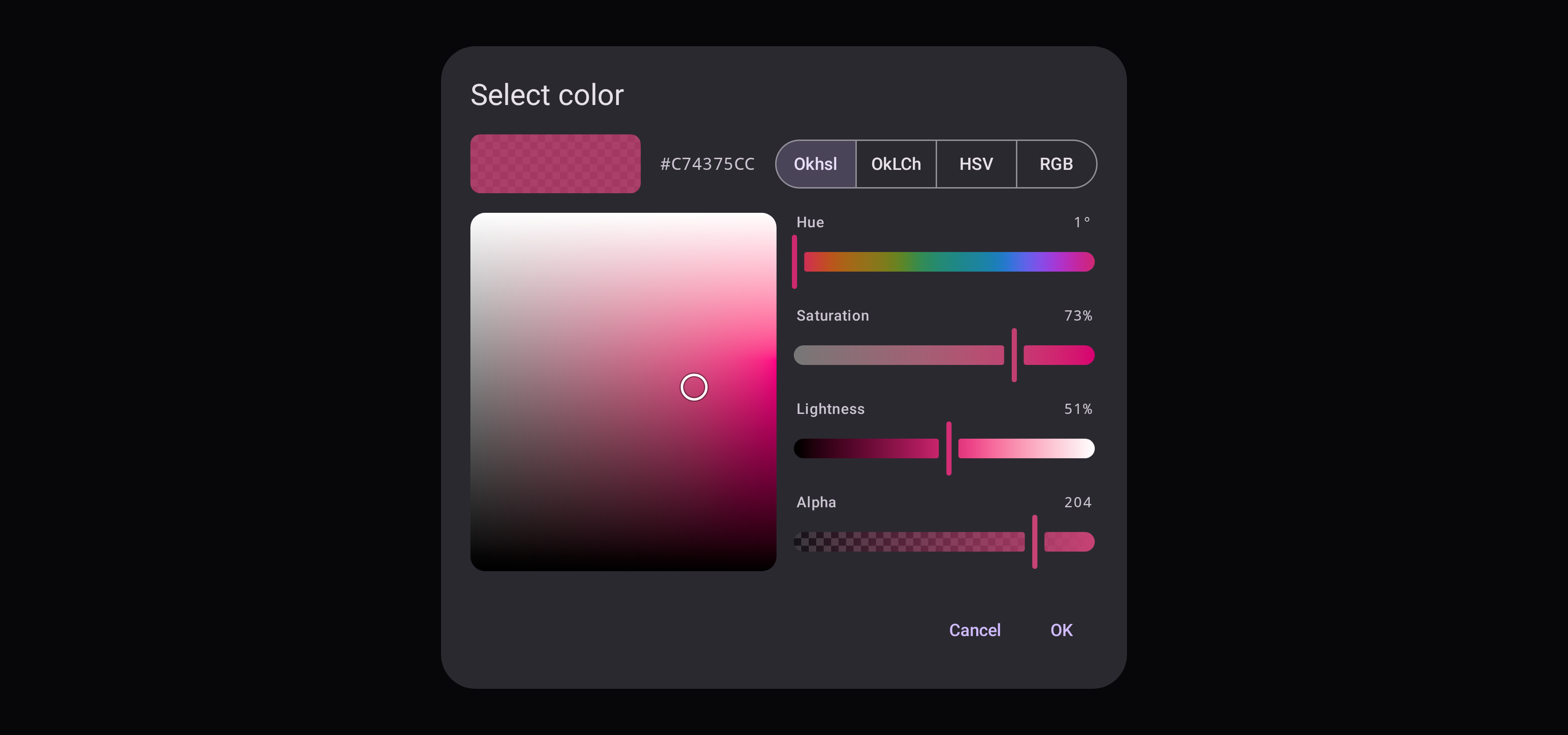 Color picker dialog on a landscape tablet